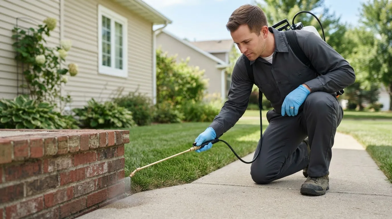 Pest control technician treating a home near Gervais, OR